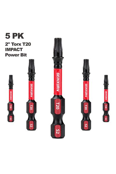Choice 2Inches 5PCS GEINXURN  T20 2 In. Impact Tough Magnetic #20 Torx Head Power Bits, S2 Alloy Steel T20