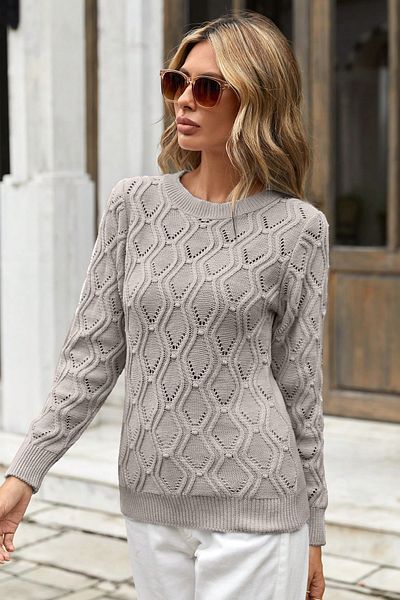 AQE FASHION Crew Neck Openwork Knitted Sweater Light Gray