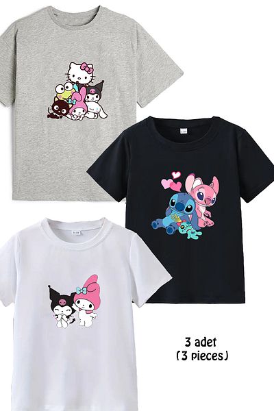 makiteks Children's T-Shirt 3Pcs Quality Cotton 5-14 Age Range Lilo Kuromi Hello