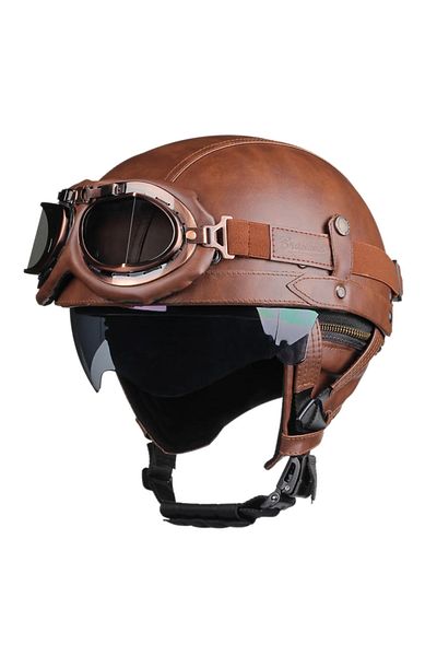 Choice L 535-BG Brown Retro Motorcycle Helmet DOT Certification Moto Helmet Men Women Half Helmet HD Lens C