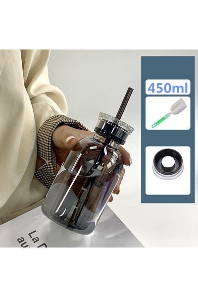 Choice As Picture 450-gray 450/750ml Large Glass Water Bottle With Straw 2 Lids Clear Kawaii Drinking Bottl