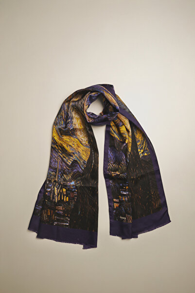 silqoora وشاح شال حرير 100% (45×165 سم) - فنسنت فان جوخ (ليلة النجوم)