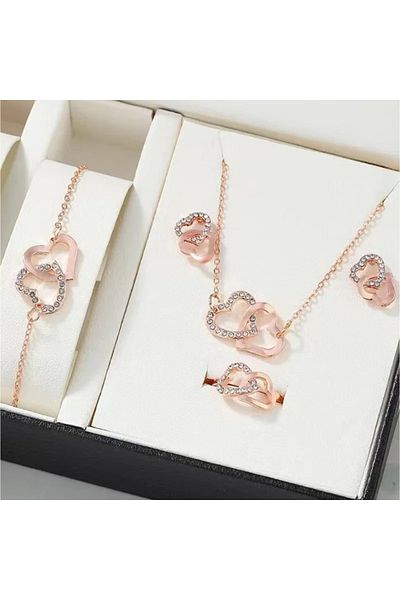 Choice Rose gold set 5PCS/Set Heart Shaped Jewelry Sets Of Ring Earrings Necklace For Women Elegance Rhines