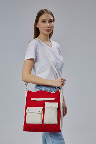 Çınar Bez Çanta Canvas Front Pockets Snap Bag (Red-Ecru)