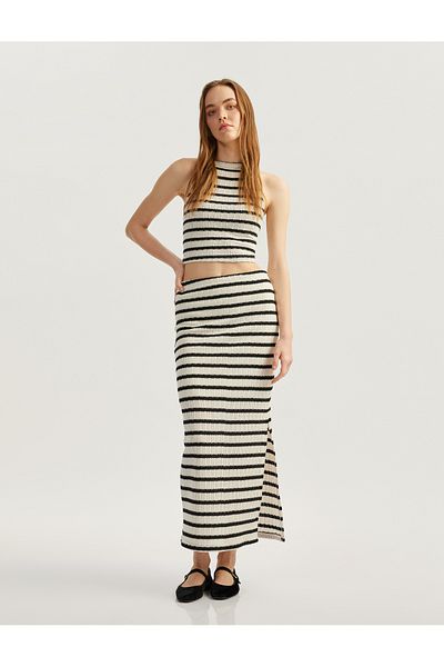 Koton Crochet Pencil Long Skirt with Striped Slit Detail