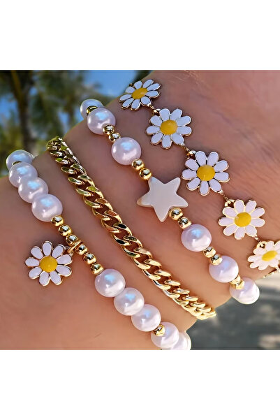 Choice ASL70308-2 طقم أساور من 4 قطع على شكل زهرة ديزي عتيقة من اللؤلؤ الصناع...