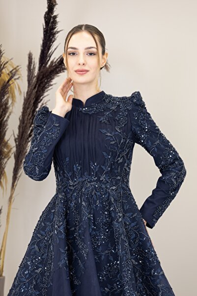 Surikka Çiçek İşlemeli Serra Tesettür Abiye -Lcivert