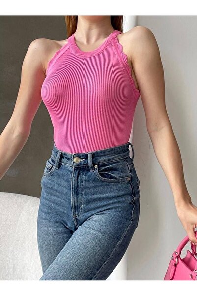 vuvutasarım New Season Women's Stretchy Fabric Ruffled Sleeveless Basic Knitwear Blouse 0296