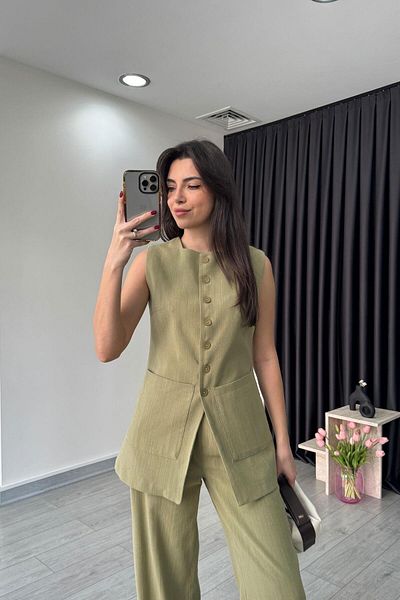 ECEMİ Pocket Detail Khaki Linen Vest Trousers Set