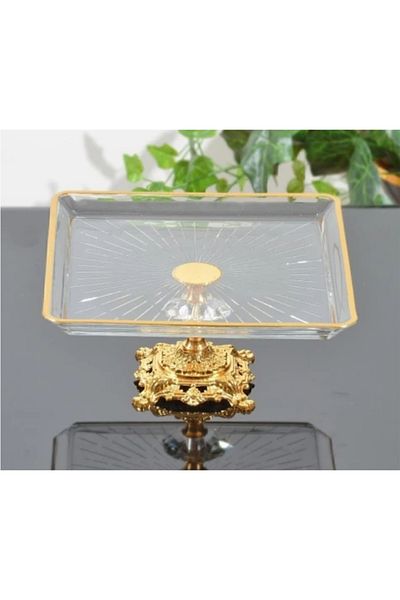 ARGKRİSTAL Metal Legged Gold Detail Paşabahçe Madlen Presentation Serving Plate