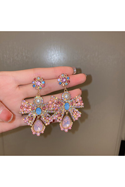 Choice أقراط كريستال وردية عتيقة من الباروك للنساء، أقراط متدلية من اللؤلؤ على شكل فيونكة، مجوهرات مميزة