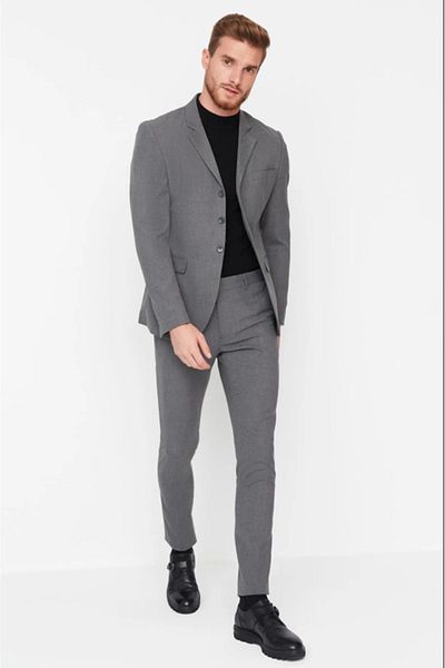 Pierre Cassi Men's Trousers Gray Slim Fit Pipe Leg