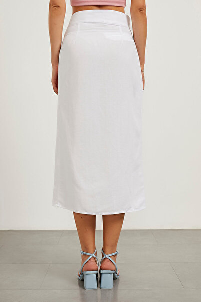 Arma Life Women's Basic Buttoned Long Linen White Pencil Skirt