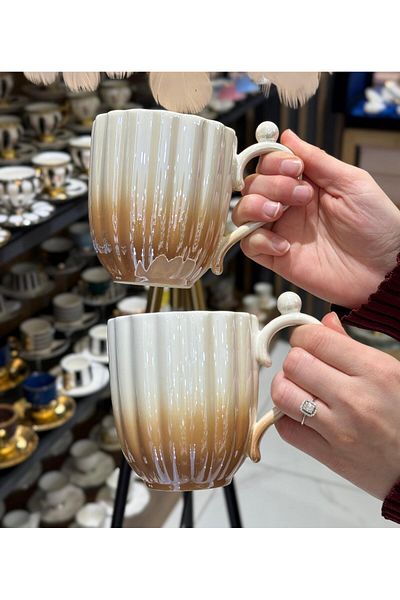 Onedekor Porcelain Mug Set with Pearls - Brown with 2 Gift Boxes
