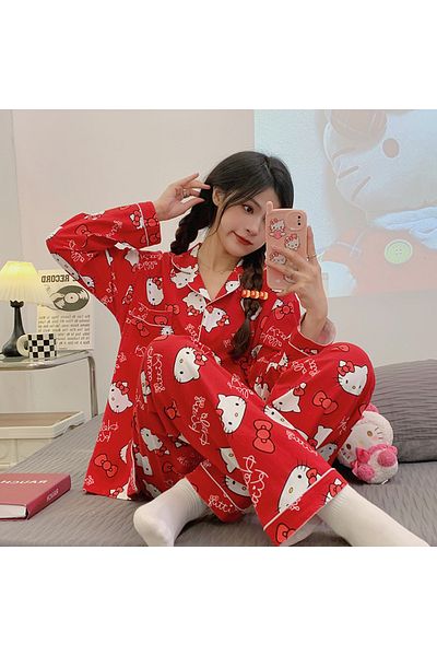 Choice XXL 65-73kg Red Sanrio Long Short Pajamas Hello Kitty Kawaii Cartoon Loose Sleepwear Sets Spring And