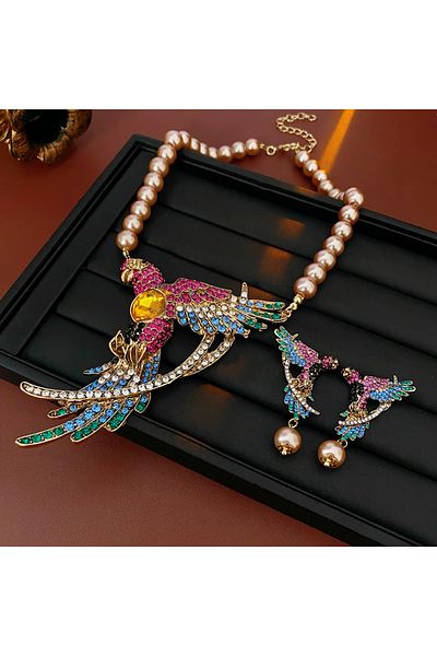 Choice set 3 Pcs Colorful Birds Retro Necklace Earrings Sets Vintage Style Light Luxury Wedding Jewelry Chr