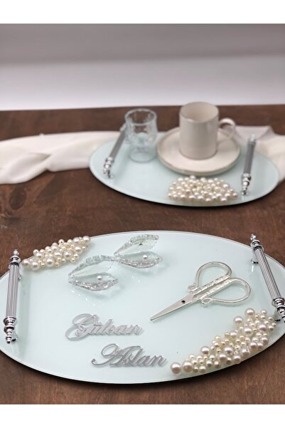 Denseden Tavă de lux cu ornamente de perle personalizate Tavă de logodnă Tavă pentru cerere de mireasă Tavă pentru inele Set de 2