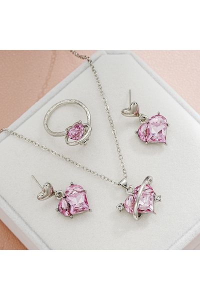 Choice AYA5968802HB 4 Pieces Love Pink Crystals Sweet Earrings Necklaces And Rings Jewelry Set Lightweight