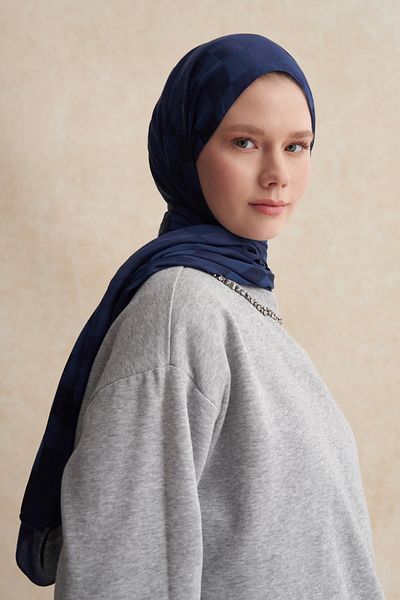 carell Checker Jacquard Italian Silk Shawl Dark Navy Blue