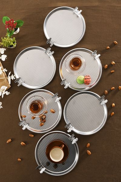 AKSESUAR EVRENİ Iren Round Honeycomb Model Butterfly Detailed Presentation Tray Silver Set of 6