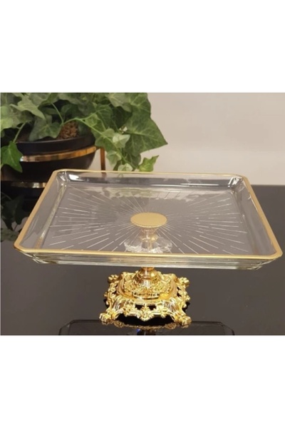 ARGKRİSTAL Metal Legged Gold Detail Paşabahçe Madlen Presentation Serving Plate