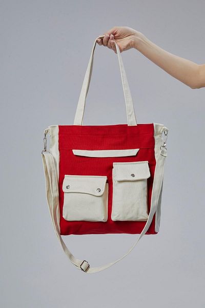 Çınar Bez Çanta Canvas Front Pockets Snap Bag (Red-Ecru)