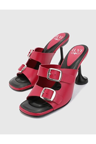 İLVİ Emiliya Hakiki Deri Kadın Bordo Topuklu Terlik