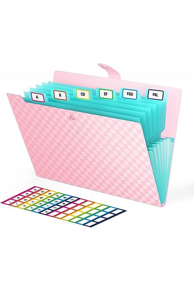 ABC Organizer set with 7 accordions and 48 Abc labels, plastic/paper, pink/blue, 32.5 x 24.3 cm