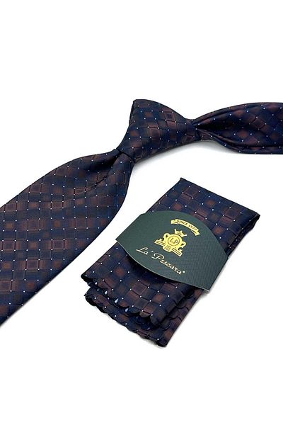 Kravatkolik Brown Square Pattern Classic Tie with Handkerchief Kk13169