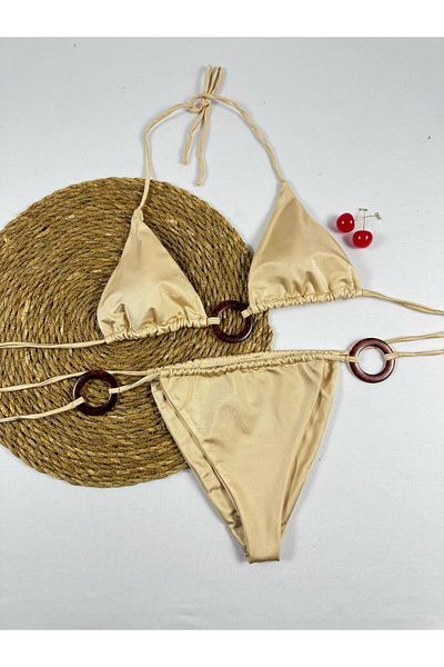 XORVİO Women's Gold Hoop Detail Stylish Drawstring Lycra Bikini Set New Season