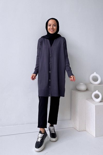 Ka Hijab Button Ribbed Mercerized Cardigan - Anthracite