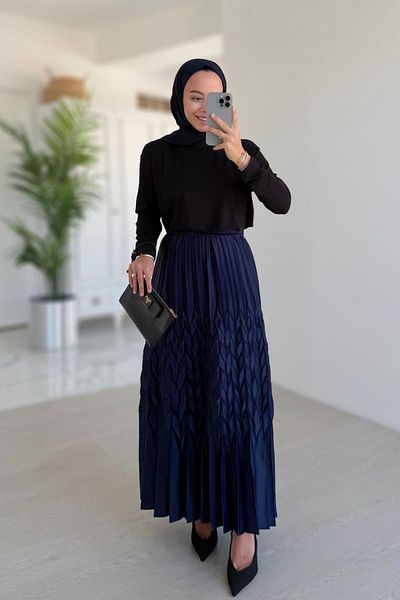 Ka Hijab Self Patterned Pleated Skirt - Navy Blue