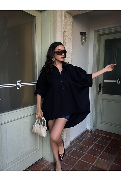 minaaise Rochie cămașă oversize, neagră, cu design special, 100% bumbac, 29064