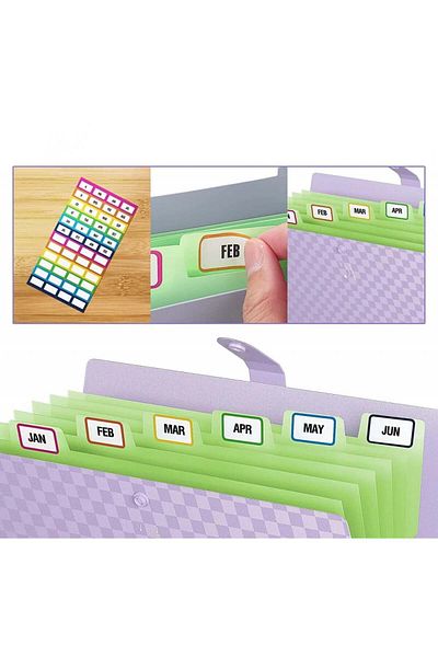 ABC Organizer set with 7 accordions and 48 Abc labels, plastic/paper, purple/green, 32.5 x 24.3 cm
