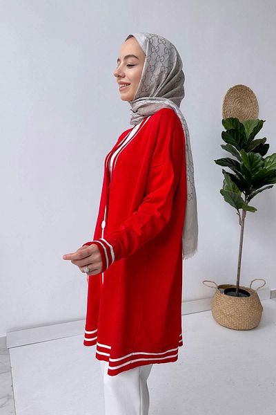 Ka Hijab Red Stripe Detail Buttoned Mercerized Cardigan