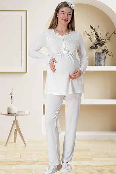 By Mecit Pijama Long Dressing Gown Maternity 2-Piece Pajama Set 80% Cotton, 20% Viscose Pajamas with Adjustable Elastic Waist