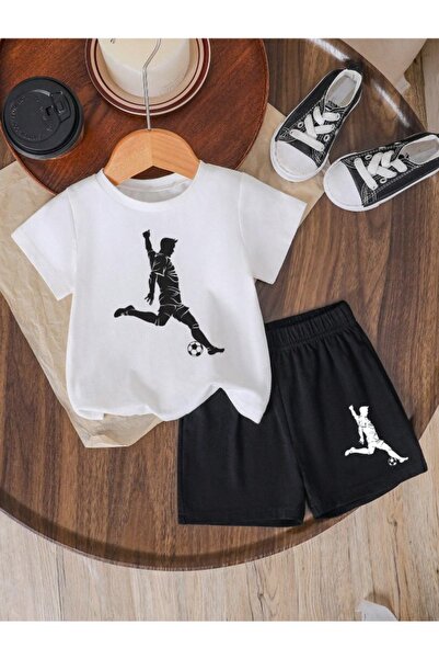MORNİNG KİDS Fiú fehér-fekete labdarúgó nyomott fésült pamut rövidnadrág Ti̇şört szett