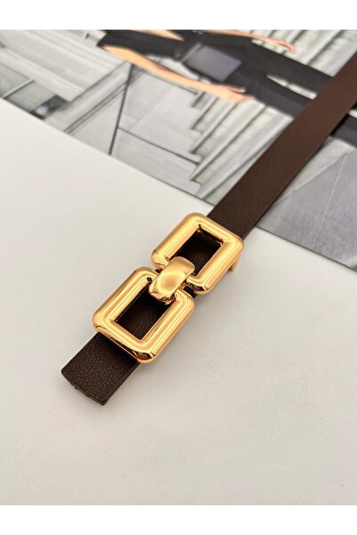 MODAM HİFA Square Pin Gold Buckle Bitter Brown Women's Belt Trouser Belt Dress Belt Shirt Belt Coat Belt