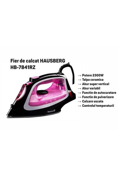 Hausberg Fier de calcat HAUSBERG HB-7841RZ, 2300W, talpa ceramic, jet de abur 18g/min, rezervor 280 ml, Roz