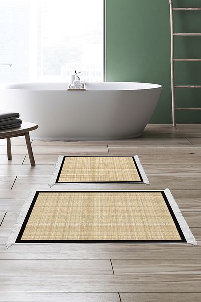 Dekoreko Non-Slip Base Djt Toilet Set Palace Leather Fringed Woven E5007 Beige Brown
