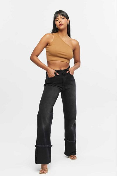 SHEVEGA Women's Black Stitched Reverse Leg Tassel Wide Leg Jeans Jeans Pants