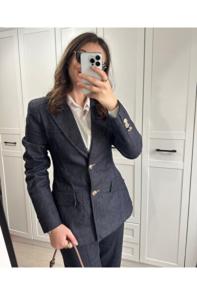Tasarım Denim gold düğmeli blazer ceket
