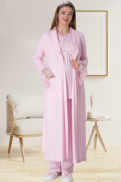 By Mecit Pijama Long Dressing Gown Maternity 2-Piece Pajama Set 80% Cotton, 20% Viscose Pajamas with Adjustable Elastic Waist