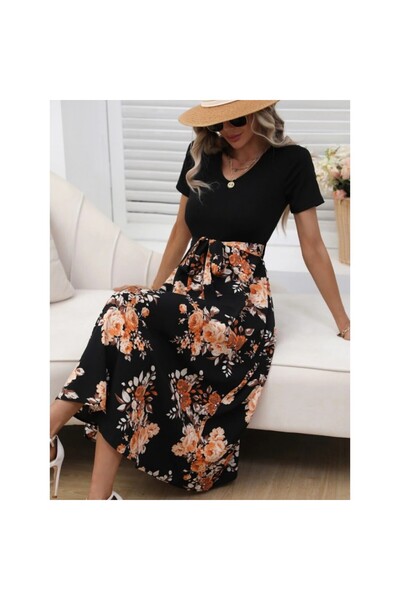 JANES Rochie midi pentru femei, cu mâneci scurte, cu decolteu în V, cu fundul...