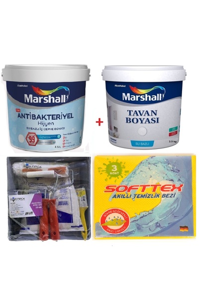 Marshall Antibakteriyel Hijyen Duvar Boyası 2.5 Lt + Tavan Boyası 3.5 Kg + Duvar Boyama Seti