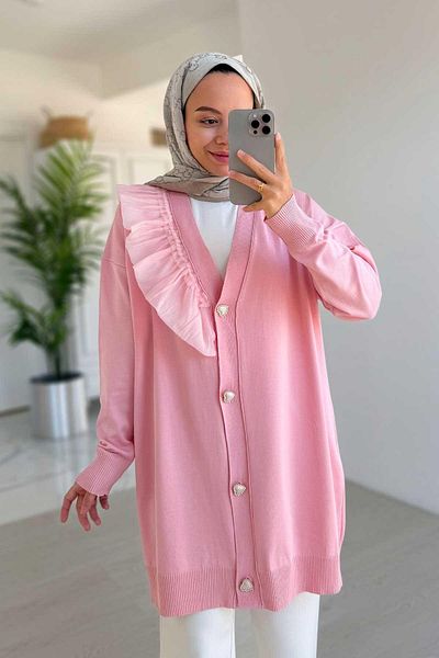 Ka Hijab Pink Shoulder Ruffle Mercerized Cardigan