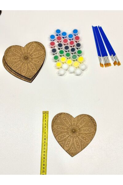 MT 10'lu Paket Ahşap Boyama Mandala Eğitici Etkinlik Sevgi Haftası Kalp Mandala (10 BOYA+10 FIRÇA)
