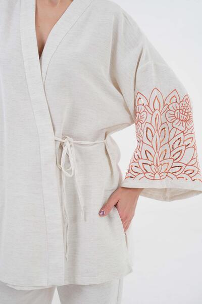 minaaise Women's Natur Sleeves Sequin Sequin Embroidered Linen Kimono Jacket and Pants Bottom/Top Set