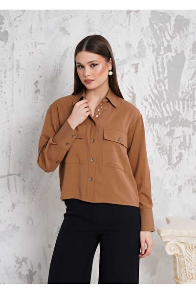 RİGALA DEVETÜYÜ KISA METAL DÜĞME ÇİFT CEP KAPAKLI UZUN KOL OVERSIZE GÖMLEK