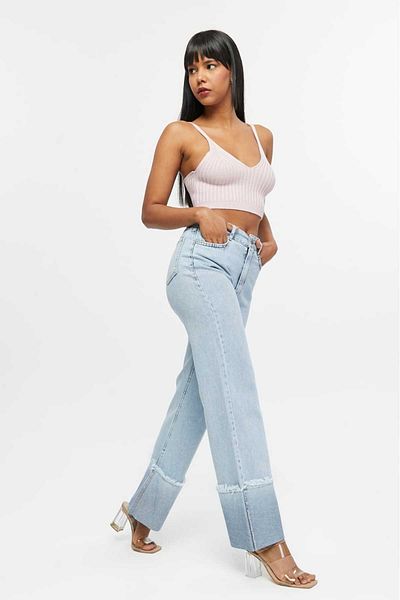 SHEVEGA Women's Light Blue Embroidered Reverse Leg Tassel Wide Leg Jeans Jeans Pants